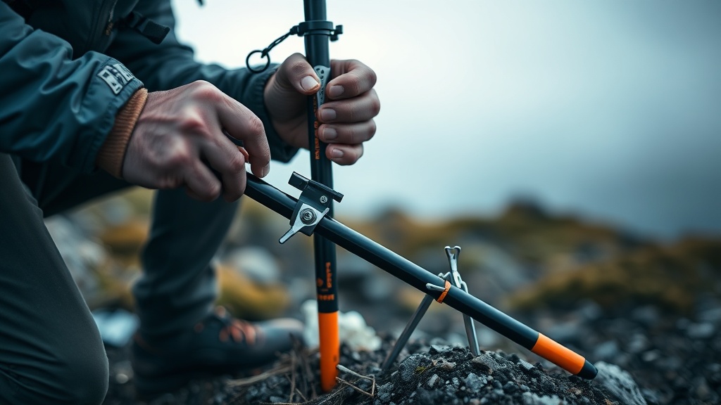 Field splinting a broken carbon trekking pole with tent stakes